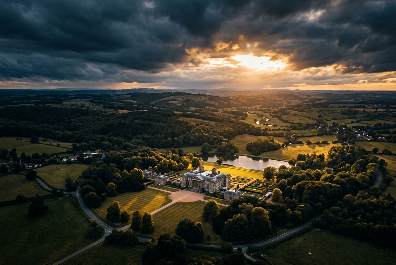 Aerial drone view of countryside estate
