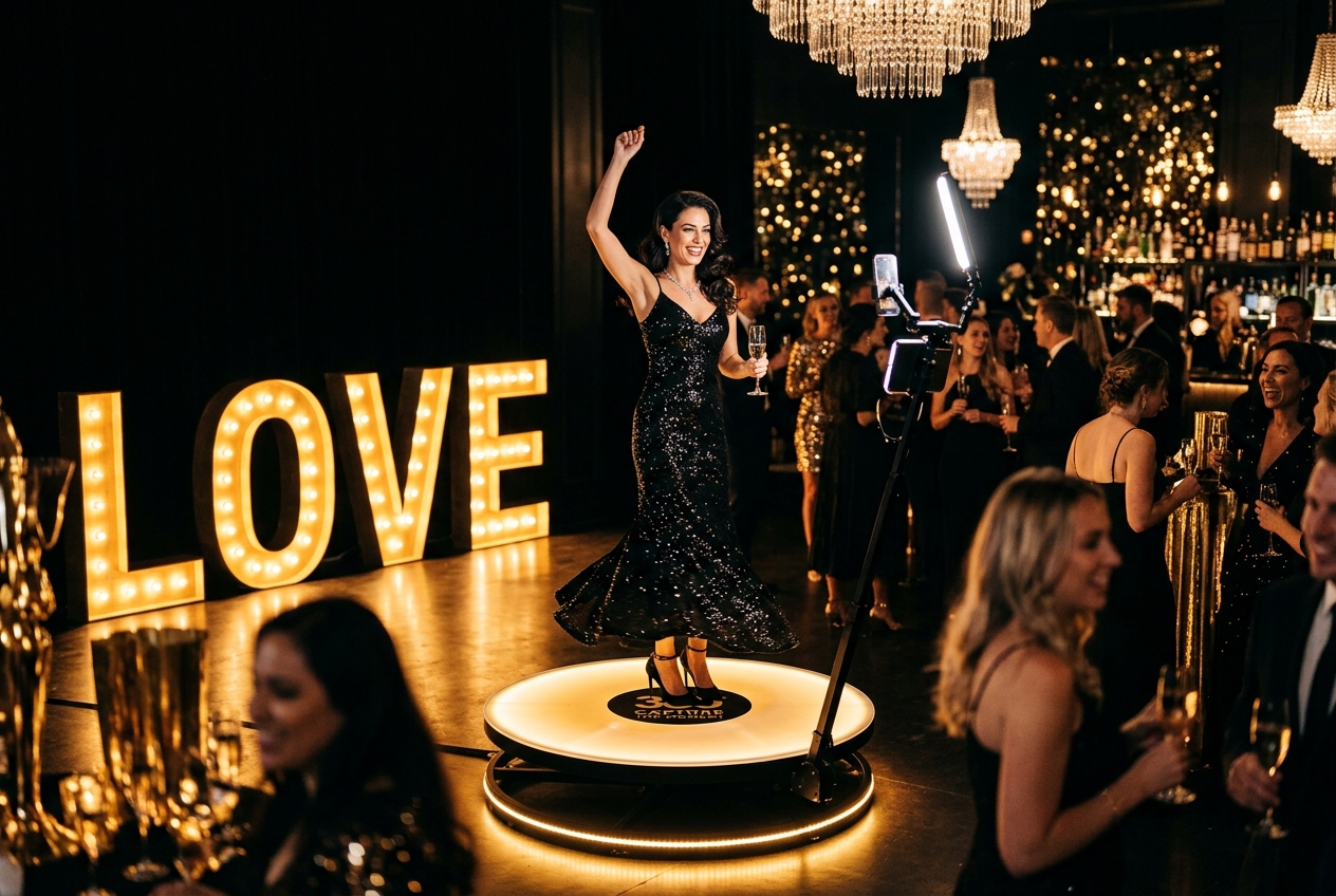 Guests enjoying a glowing evening celebration with light-up letters