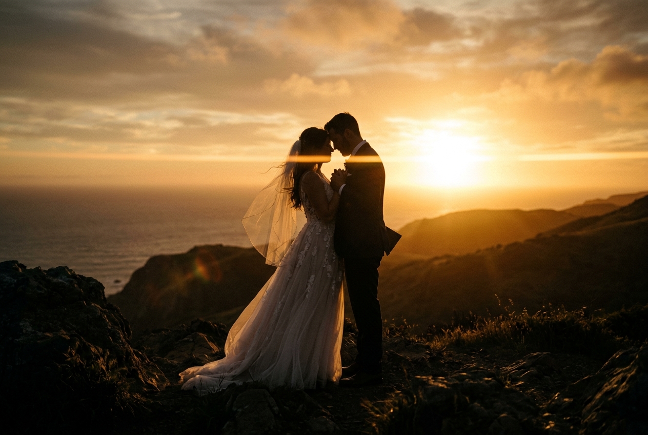Cinematic wedding couple at sunset